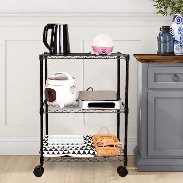 Amucolo Silver 3-Tier Steel Wire Shelving Unit with Wheels (23.82 in. W x 21.7 in. H x 11.8 in. D)