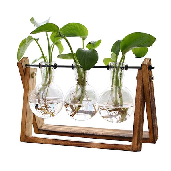 3 Bulb Glass Metal Plant Terrarium with Wooden Stand and Swivel Holder for Hydroponics Home Office Decor (3-Pack)