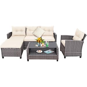 Beige 4-Piece PE Wicker Outdoor Sectional Set Patio Conversation Set with Coffee Table