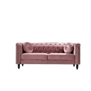 Vivian 75.98 in. W Classic Flared Arm Rose Velvet 3-Seats Straight Chesterfield Sofa with Nailheads in Pink