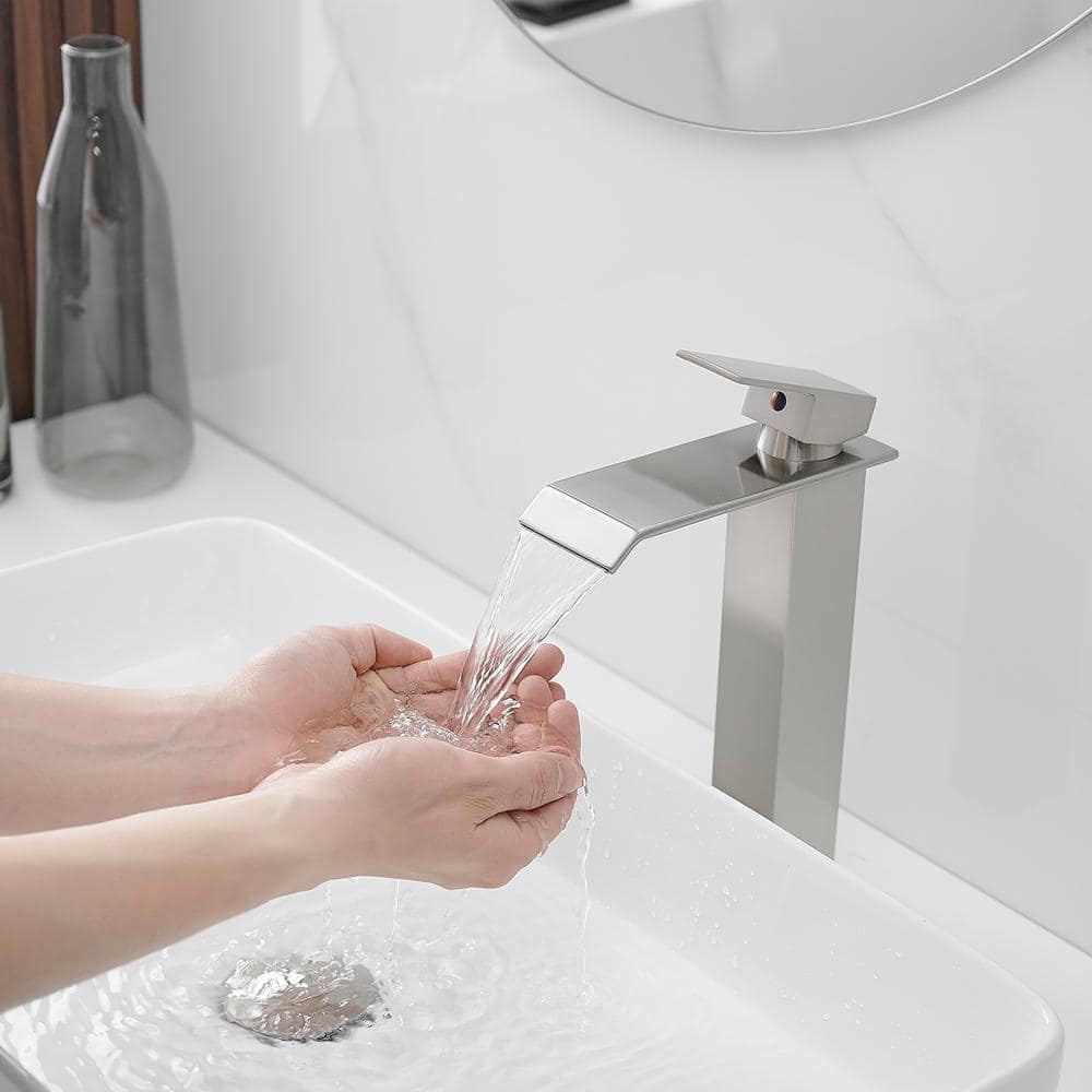 Brushed Nickel Waterfall Vessel Sink Faucet with Pop-Up Drain