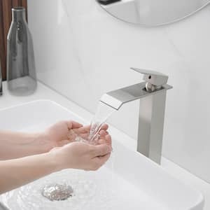 Waterfall Single Hole Single Handle Bathroom Vessel Sink Faucet With Pop-up Drain Assembly in Brushed Nickel