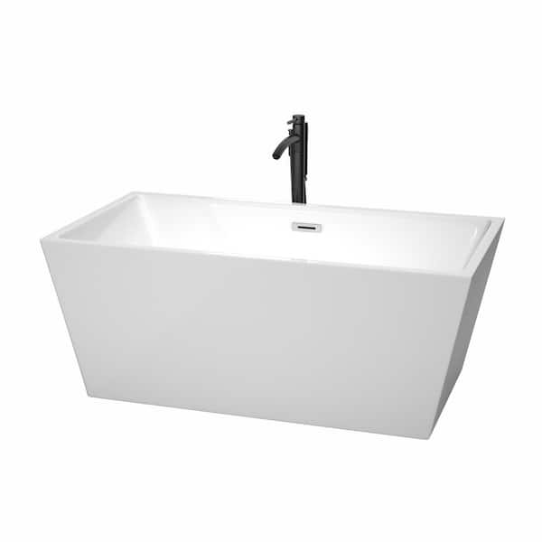 Wyndham Collection Sara 59 in. Acrylic Flatbottom Bathtub in White with Polished Chrome Trim and Matte Black Faucet