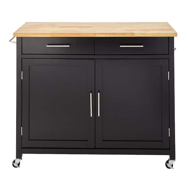 Glenville Black Rolling Kitchen Cart with Butcher Block Top and Double-Drawer Storage (42 in. W)