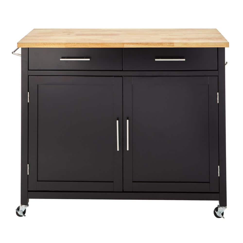 Glenville Black Double Drawer Kitchen Cart with Butcher Block Top and ...