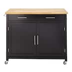 Glenville Black Double Drawer Kitchen Cart with Butcher Block Top and Locking Wheels (42" W)
