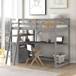 Gray Twin Size Wooden Loft Bed with Built-in Desk, Shelves and Drawers
