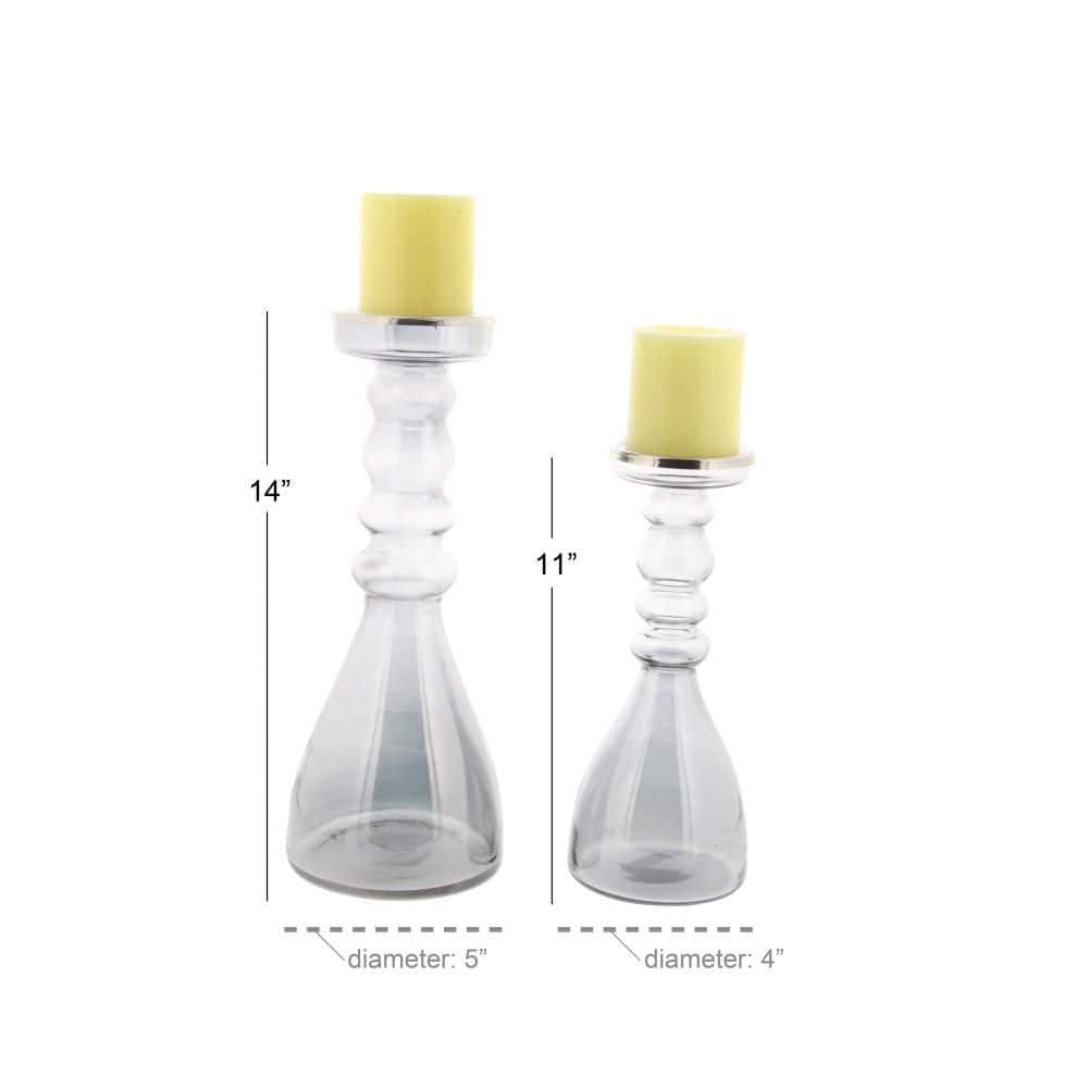 Elegant Gray Glass & Wood Hurricane Candle Holder Set, 14"H
