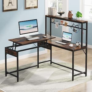 Perry 55 in. L-Shaped Brown Wood Computer Desk with Hutch and Adjustable Lift Top