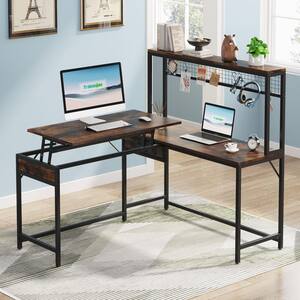 Perry 55 in. L-Shaped Brown Wood Computer Desk with Hutch and Adjustable Lift Top