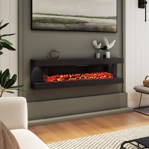 3-Sided 60 in. Wall Mount Electric Fireplace with 12 Flame Color, LED Side Light and Remote Control in Black