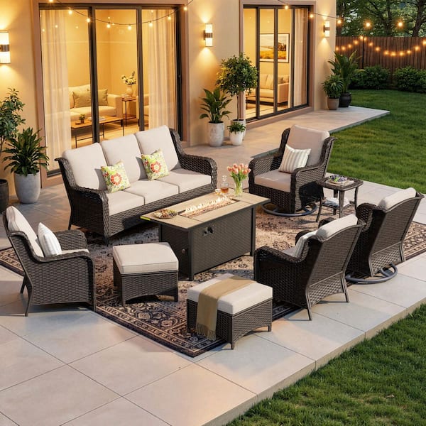 Joyoung Brown 9-Piece Wicker Patio Rectangle Fire Pit Conversation Set with Beige Cushions and Swivel Chairs