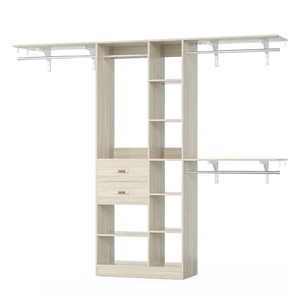8FT Closet System with 18 Storage Place Adjustable Closet with 13 Shelves & 2 Wood Drawers & 4 Hanging Rods White Oak