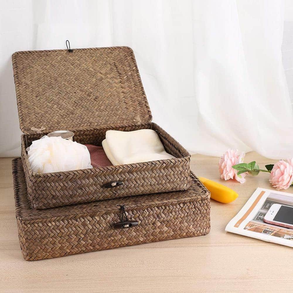 Coffee 11 in. x 9.25 in. Flat Woven Wicker Storage Bins with Lid Decorative