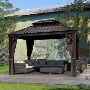 12 ft. W x 10 ft. D Brown Double Roof Hardtop Aluminum Patio Gazebo with Netting and Curtains