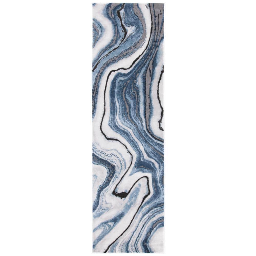 Abstract Swirls Hand-Knotted Runner Rug in Blue/Grey, 2'3" x 14'