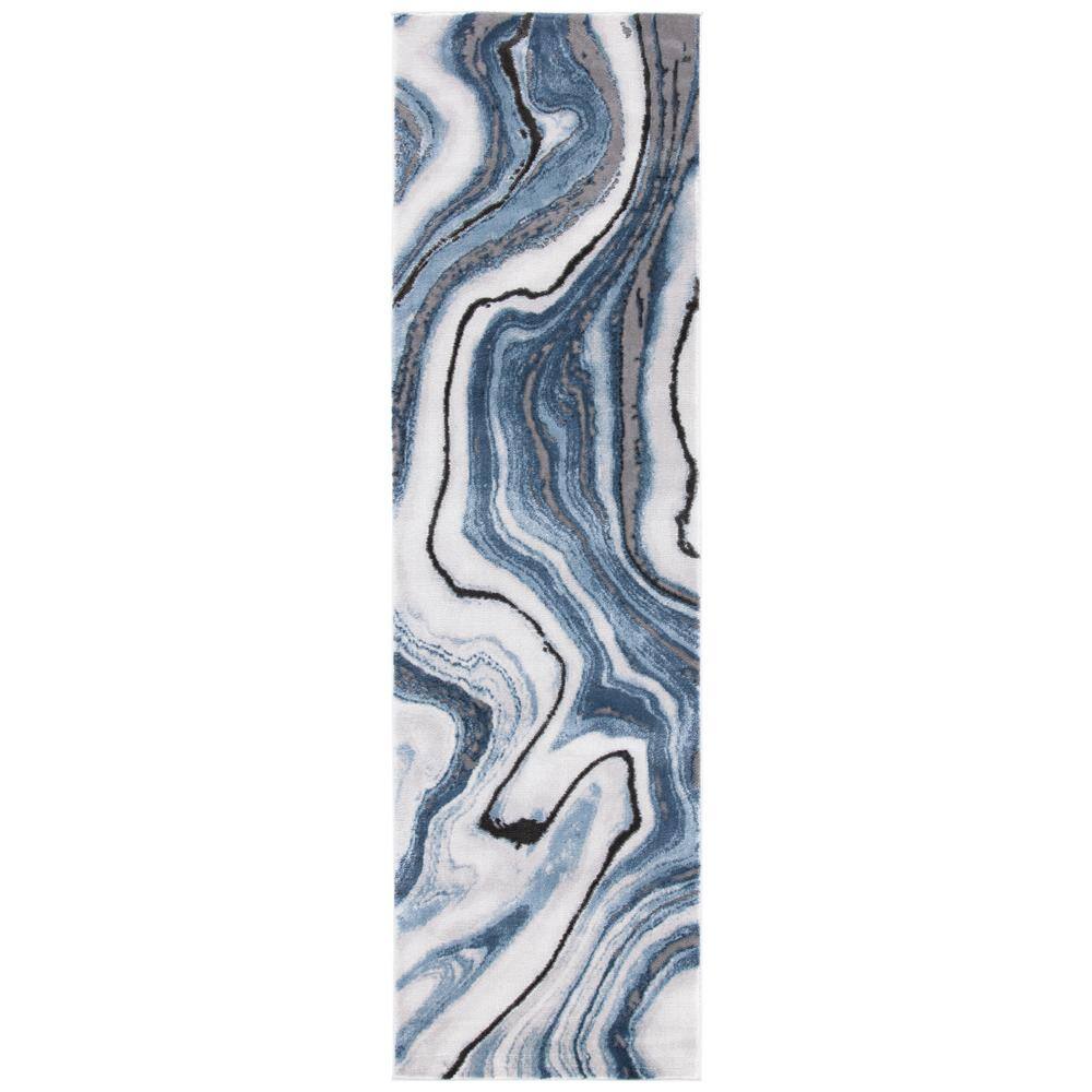 Abstract Blue-Grey Swirl Synthetic 27'' Hand-Knotted Runner Rug