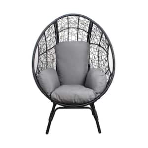 Black PE Wicker Outdoor Lounge Chair with 4 Gray Cushion Oversized Indoor Outdoor Lounger Patio Egg Chair