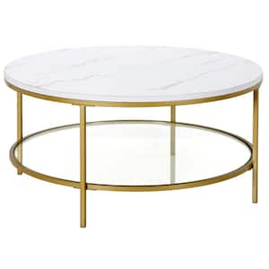 36 in. Gold Round Faux Marble Coffee Table with Shelves;Storage