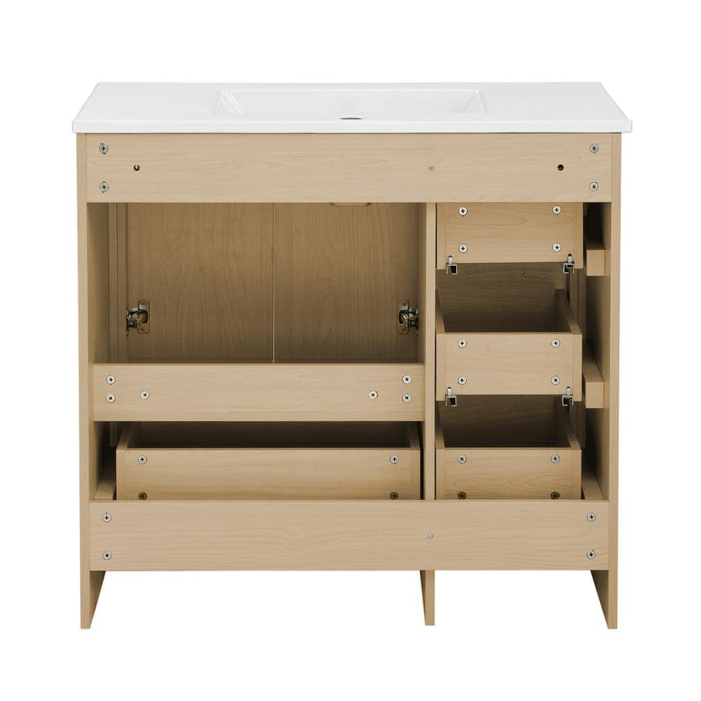 Virage 36" Light Oak MDF Freestanding Bathroom Vanity with Ceramic Top