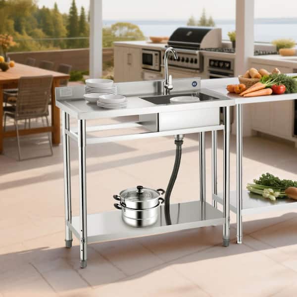 Stainless Steel Utility Sink, Free Standing Single Bowl Commercial Kitchen Sink Set/Workbench, 39.4 x 19.1 x 37.4 in.