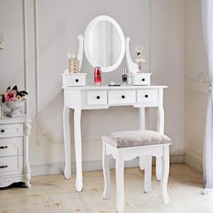 2-Piece White Makeup Desk Vanity Dressing Table Set with Oval Mirror Stool 5-Storage Drawers