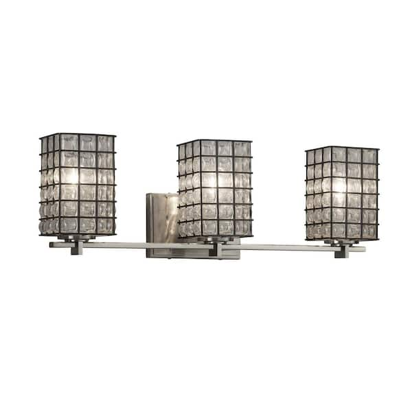 Justice Design Wire Glass Era 3-Light Brushed Nickel Bath Light with Grid with Clear Bubbles Shade