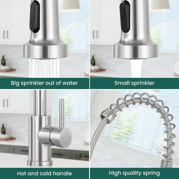 Single Handle 17.3 in. H Pull Down Sprayer Kitchen Faucet 360° Spout Swivel with Pull Out Spray in Brushed Nickel