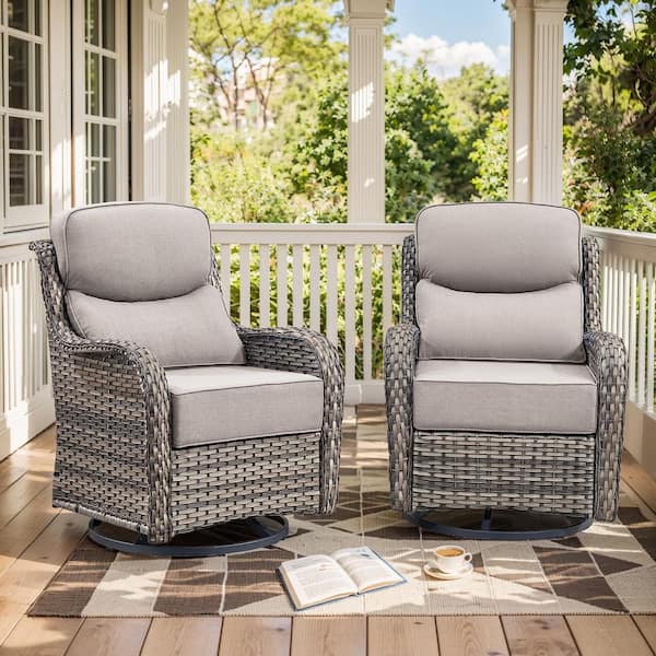moosprr MoonLuxe Gray Swivel Glider Wicker Outdoor Rocking Chair with Beige Olefin 6 in. Thick Cushions (2-Pack)