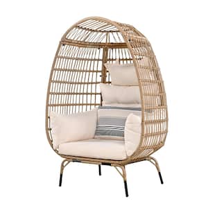 1-Person Rattan Wicker Patio Swing Egg-Shaped Chair with Removable Beige Cushion for Courtyard, Garden, Balcony