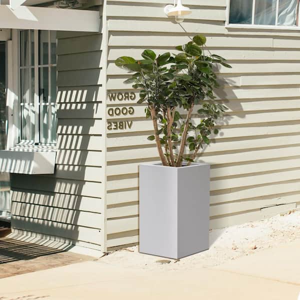27.6"H Pure White Tall Rectangular Concrete Planter with Drainage Plug for Garden Patio