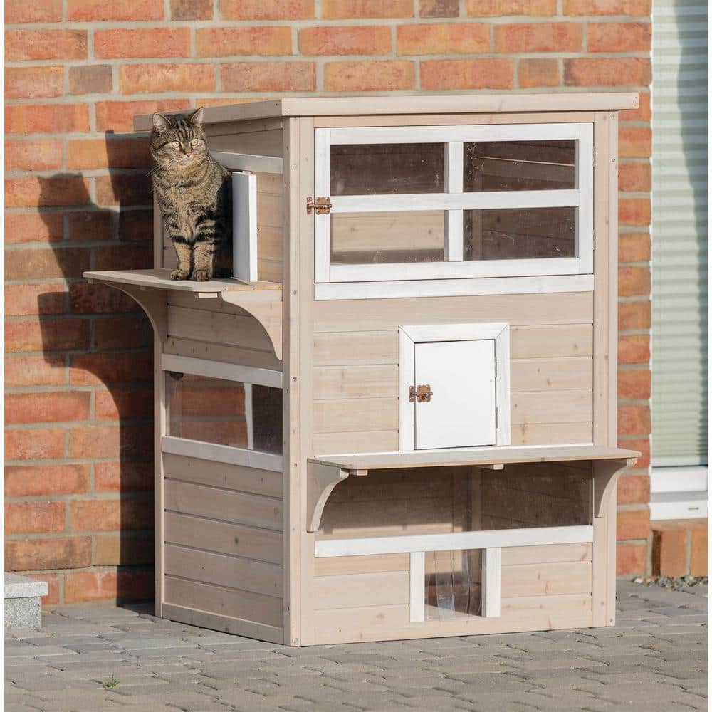 Large Weatherproof 3-Story Wooden Outdoor Cat House with Balcony