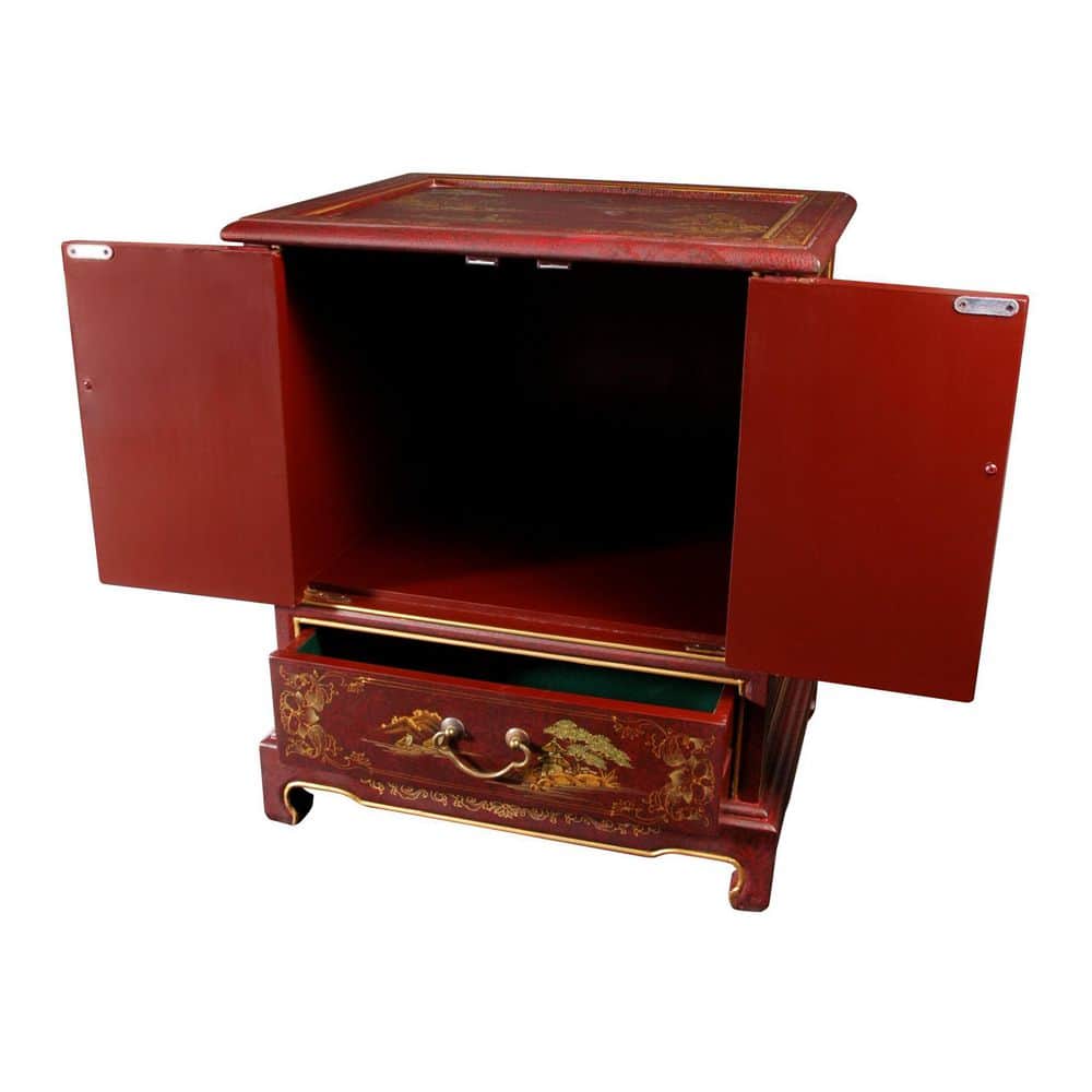 Red Landscape Oriental Elmwood End Table with Drawer