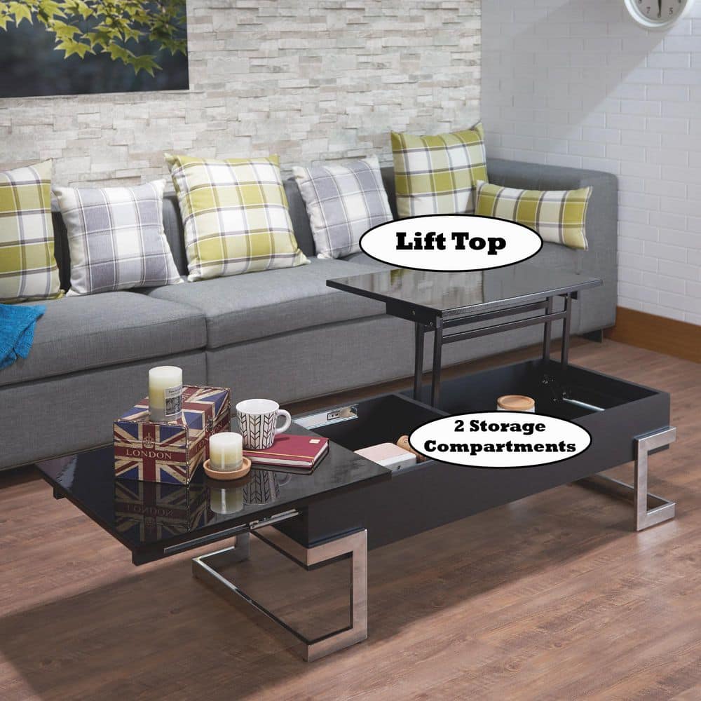 Black and Chrome Rectangular Lift-Top Coffee Table with Storage