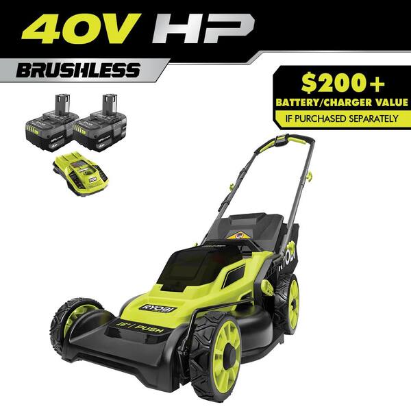 RYOBI ONE+ HP 18V Brushless 16 in. Cordless Battery Walk Behind Push Lawn Mower with (2) 4.0 Ah Batteries and (1) Charger