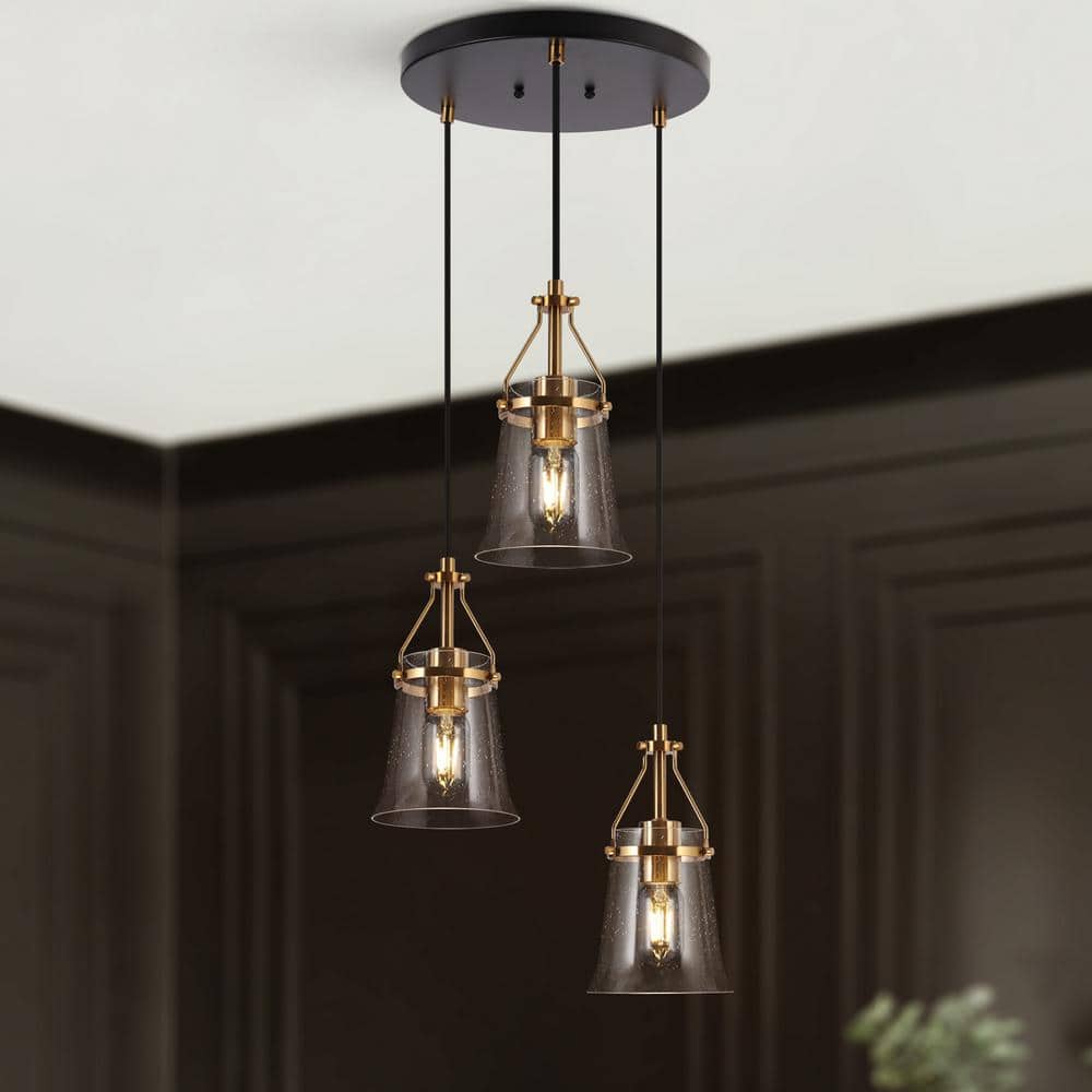 Auisre Modern 3-Light Black and Plated Brass Cluster Chandelier with Bell Seeded Glass Shades, Foyer, Island Pendant price history on PriceWatchPro