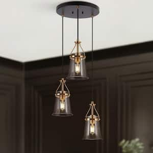 Modern 3-Light Black and Brass Cluster Chandelier for Bedroom with Bell Seeded Glass Shades and No Bulbs Included