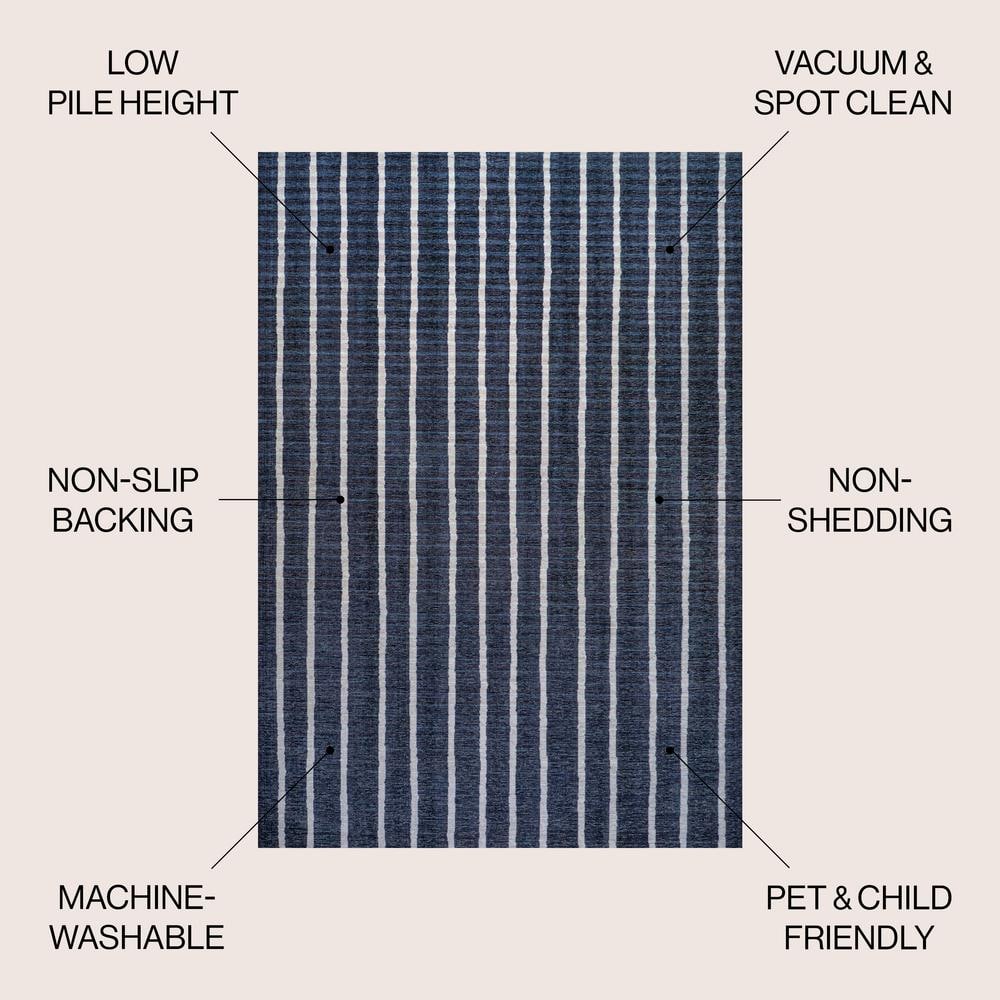 Ivory and Navy Striped 8' x 10' Machine-Washable Rug
