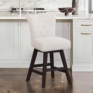 26 in. Beige Linen Swivel Upholstered Barstool Solid Wood Counter Stool with Nail Head Trim and Tufted Backrest