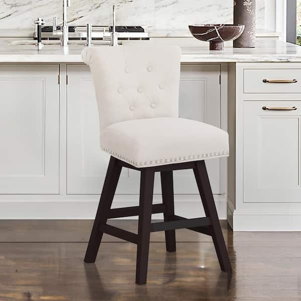 OrangeOne 26 in. Beige Linen Swivel Upholstered Barstool Solid Wood Counter Stool with Nail Head Trim and Tufted Backrest