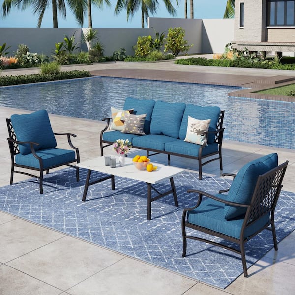 PHI VILLA Black 5 Seat 4-Piece Metal Steel Outdoor Patio Conversation Set with Peacock Blue Cushions Table with Marble Pattern Top