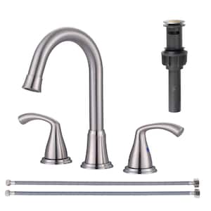 3 Hole 8 in. Widespread Double Handle Bathroom Faucet with Drain Kit Included in Brushed Nickel