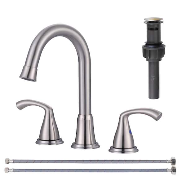 IVIGA 3 Hole 8 in. Widespread Double Handle Bathroom Faucet with Drain Kit Included in Brushed Nickel