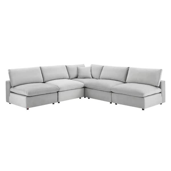 MODWAY 5-Piece Light Gray Commix Down Filled Overstuffed Performance Velvet Sectional Sofa