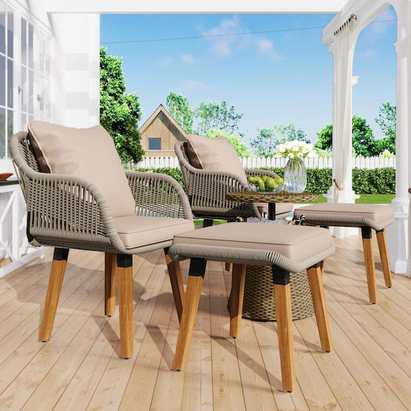 Unbranded 5-Piece Wood Brown Patio Conversation Set with Wicker Table, Ottomans and Brown Cushions