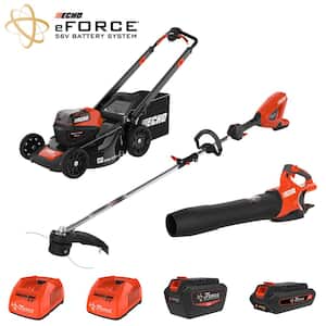 eFORCE 56-Volt Cordless Battery Lawn Mower, PAS Trimmer and Blower Combo Kit with 2 Batteries and 2 Chargers 3-Tool