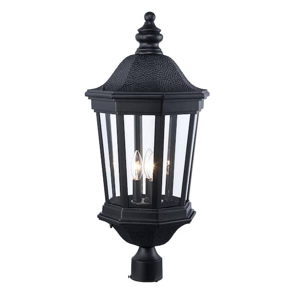 3-Light Black Outdoor Post Mount Fixture with Clear Beveled Glass Shade