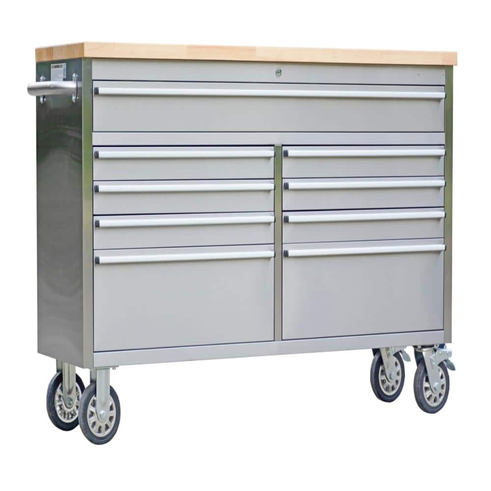 Heavy Duty Large 61 in. W x 18 in. D 9 Drawers Silver Stainless Steel Mobile Workbench Cabinet w/ Rubber Wood Worktop price history on PriceWatchPro