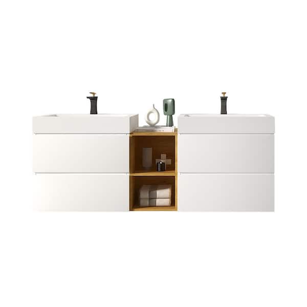 JimsMaison 60 in. W x 18 in. D x 25 in. H Double Sinks Floating Bath Vanity in White with White Ceramic Top