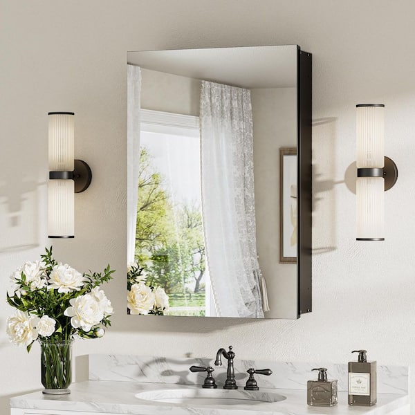 KeonJinn 16 in. W x 24 in. H Rectangular Frameless Aluminum Black Recessed or Surface Mount Medicine Cabinet with Mirror